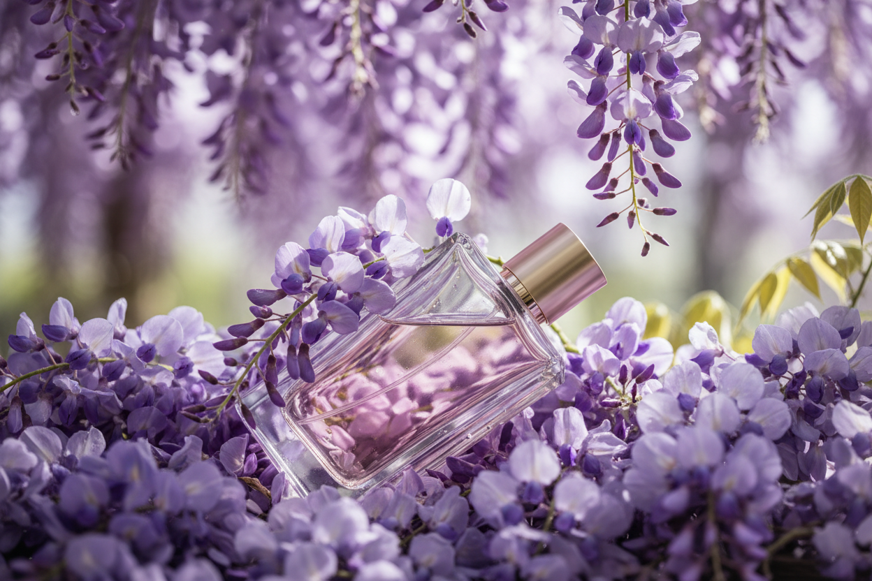 perfume bottle laying in wisteria flowers